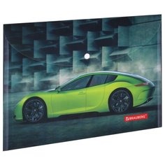 BRAUBERG Папка-конверт с кнопкой Sport car А4, пластик серый/зеленый