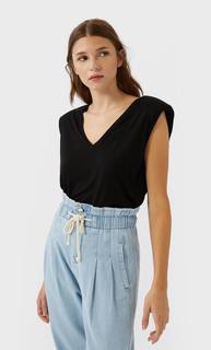 Stradivarius Топ С V-Образным Вырезом И Подплечниками Женская Коллекция Черный M