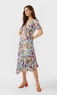 Stradivarius Платье Миди С Воланами И Цветочным Принтом Женская Коллекция Multicolor S
