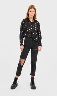 Stradivarius Рубашка С Вышивкой В Горошек Женская Коллекция Черный S