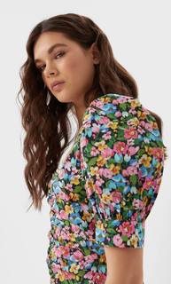 Stradivarius Платье С Цветочным Принтом И Вырезом Сердечком Женская Коллекция Флуоресцентно-Розовый M