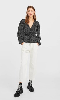 Stradivarius Топ С Плиссировкой И V-Образным Вырезом Женская Коллекция Черный S