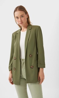 Stradivarius Двубортный Пиджак Без Застежки Женская Коллекция Хаки Xl