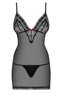 Полупрозрачная сорочка с кружевом на тонких бретелях, черный, L-XL, Obsessive