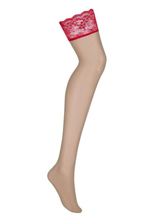 Роскошные чулки с кружевной резинкой без силикона, бежевый с красным, S-M, Obsessive