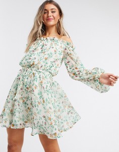 Платье мини с открытыми плечами и цветочным принтом ASOS DESIGN-Мульти