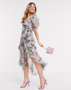 Платье миди с запахом и цветочным принтом ASOS DESIGN-Мульти