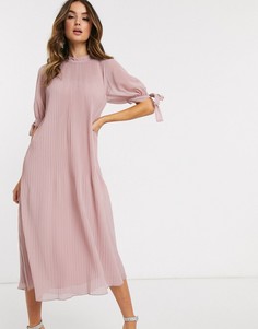 Бежевое плиссированное платье миди А-силуэта с завязками на рукавах ASOS DESIGN-Розовый