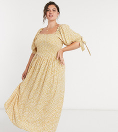 Платье макси горчичного цвета с присборенным лифом и мелким цветочным принтом ASOS DESIGN Curve-Мульти