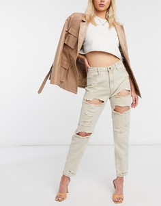 Светло-бежевые рваные джинсы в винтажном стиле Missguided-Светло-бежевый