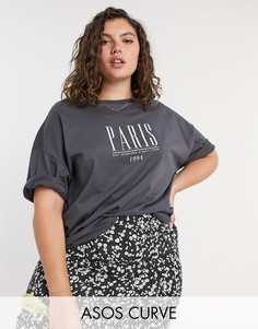 Oversized-футболка с принтом "Paris" ASOS DESIGN Curve-Серый