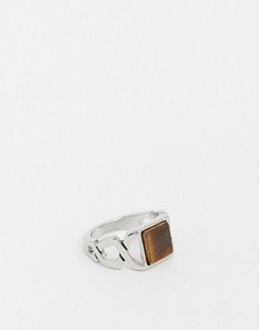 Серебристое кольцо-печатка с камнем "тигровый глаз" River Island-Серебряный