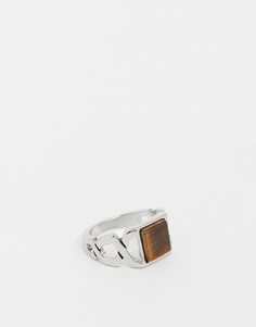 Серебристое кольцо-печатка с камнем "тигровый глаз" River Island-Серебряный