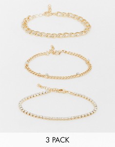 Набор из 3 тонких золотистых браслетов-цепочек со стразами ASOS DESIGN-Золотой