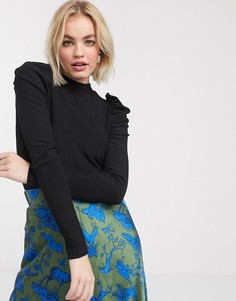 Черный трикотажный лонгслив со сборками на рукавах Monki