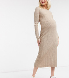 Платье миди в рубчик с круглым вырезом ASOS DESIGN Maternity-Светло-бежевый