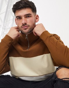 Oversized-свитшот в стиле колор блок с молнией ASOS DESIGN-Коричневый
