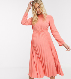 Платье миди кораллового цвета с плиссировкой ASOS DESIGN Maternity-Розовый