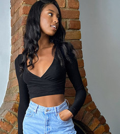 Черный топ в рубчик с запахом ASOS DESIGN Tall