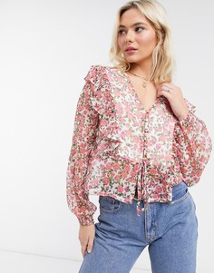 Блузка с цветочным принтом, оборками и завязкой Neon Rose-Белый
