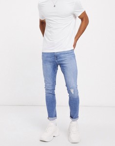 Синие супероблегающие джинсы с потертостями Bershka-Синий