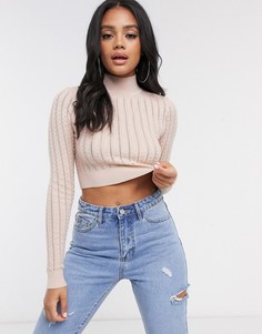 Светло-розовый короткий джемпер с узором "косичка" и высоким воротником Missguided
