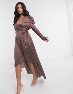 Коричневое платье миди с запахом и пышными рукавами Missguided-Коричневый
