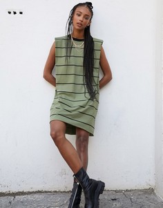 Черное платье мини в полоску хаки с подплечниками ASOS DESIGN-Зеленый