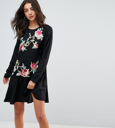 Платье мини с заниженной талией и вышивкой ASOS TALL-Черный