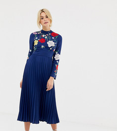 Плиссированное платье миди с высоким воротом и вышивкой ASOS DESIGN Tall-Темно-синий