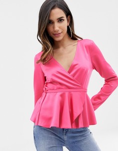 Атласный лонгслив с запахом и баской ASOS DESIGN-Розовый