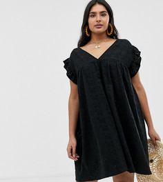 Двустороннее свободное платье с вышивкой ришелье и рукавами-оборками ASOS DESIGN Curve-Черный
