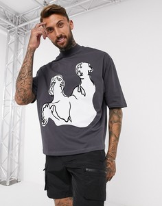 Серая oversized-футболка с флоковым принтом лица ASOS DESIGN​​​​​​​-Серый