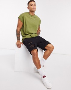 Длинная oversized-футболка цвета хаки с отворотами на рукавах ASOS DESIGN-Зеленый