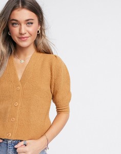 Бежевый пушистый кардиган в рубчик с короткими рукавами Monki-Коричневый