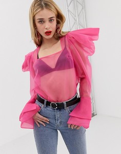 Неоновая блузка из органзы с длинными пышными рукавами ASOS DESIGN-Розовый