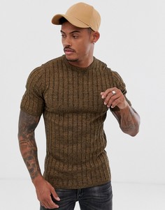 Коричневая трикотажная футболка в рубчик ASOS DESIGN-Светло-коричневый