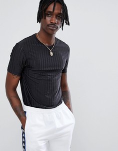 Длинная обтягивающая футболка из прозрачной сетки в рубчик ASOS DESIGN-Черный