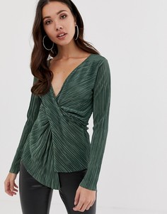 Плиссированный топ с длинными рукавами и драпировкой ASOS DESIGN-Зеленый