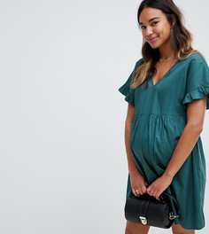 Свободное хлопковое платье мини с V-образным вырезом ASOS DESIGN Maternity-Зеленый