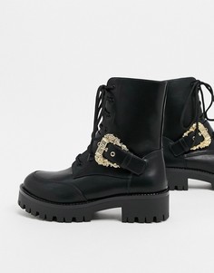 Ботинки на шнуровке с логотипом на золотистой пряжке Versace Jeans Couture-Черный