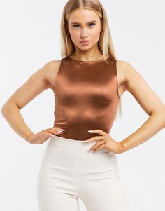 Коричневое атласное боди ASOS DESIGN-Коричневый