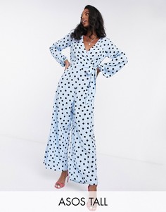 Синий комбинезон с запахом и принтом ASOS DESIGN tall-Мульти
