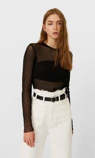 Stradivarius Футболка Из Прозрачной Ткани Женская Коллекция Черный Xs