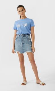 Stradivarius Футболка С Короткими Рукавами И Принтом Женская Коллекция Синий L