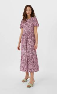 Stradivarius Платье Миди С Принтом И Объемными Руковами Женская Коллекция Черный S