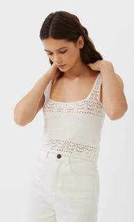 Stradivarius Укороченный Топ С Кружевом Кроше Женская Коллекция Цвет Небеленого Полотна M