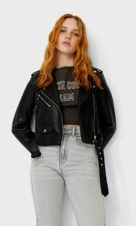 Stradivarius Базовая Куртка Из Искусственной Кожи С Ремнем Женская Коллекция Черный Xl