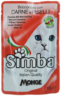 Влажный корм для кошек Simba Cat Pouch, Мясо с горохом, 24шт по 100г