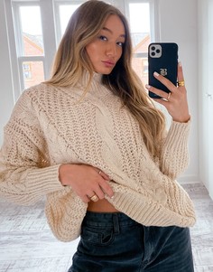Светло-бежевый джемпер с узором "косичка" и высоким воротником Missguided